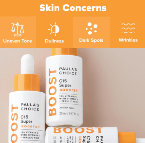 Paula's Choice BOOST C15 Super Booster serum in a small bottle, a potent 15% vitamin C treatment with vitamin E and ferulic acid for brightening and evening skin tone.